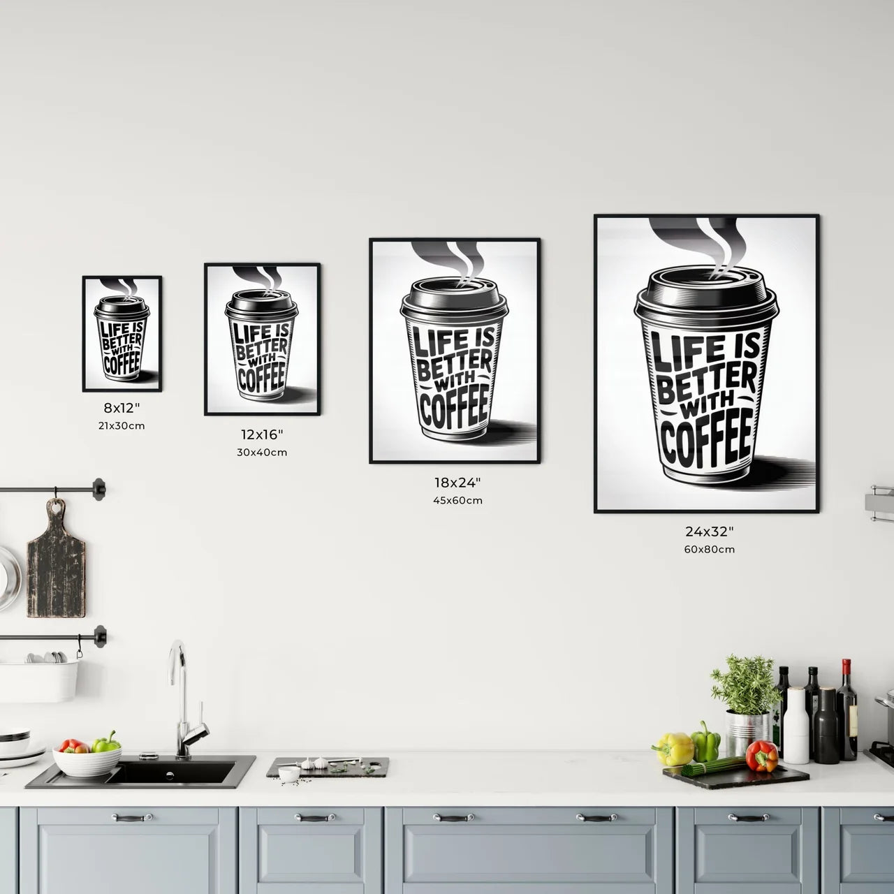 Stylish Coffee Cup Illustration with Inspirational Quote: 'Life is Better with Coffee' in Black and White. Chart