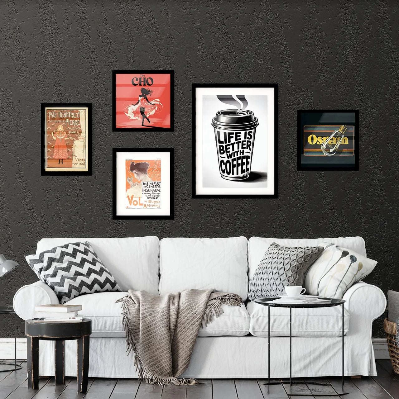 Stylish Coffee Cup Illustration with Inspirational Quote: 'Life is Better with Coffee' in Black and White. Collection