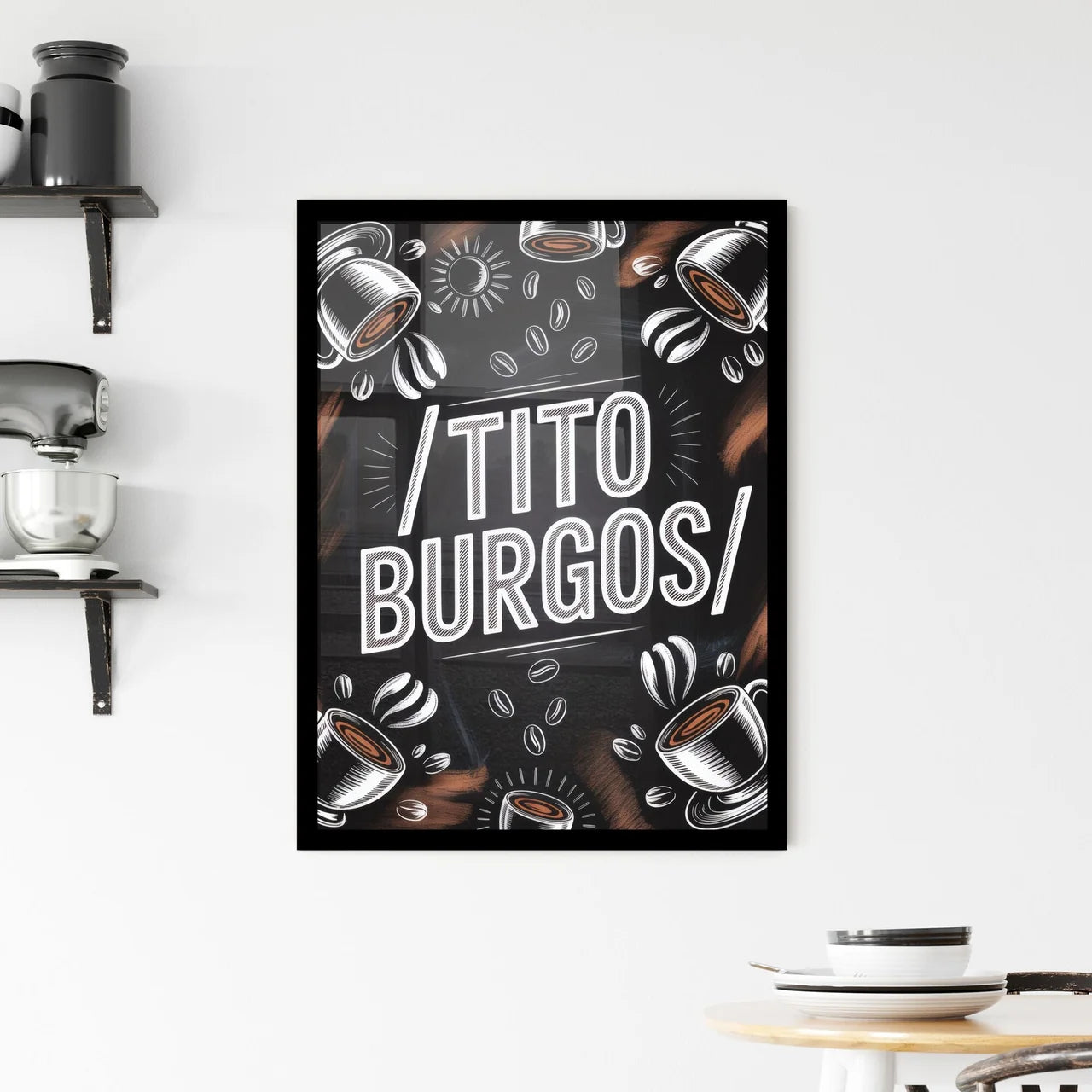 Artistic Coffee Shop Branding Featuring Stylish Cup Illustrations and Handwritten Typography for Tito Burgos. Framed Print