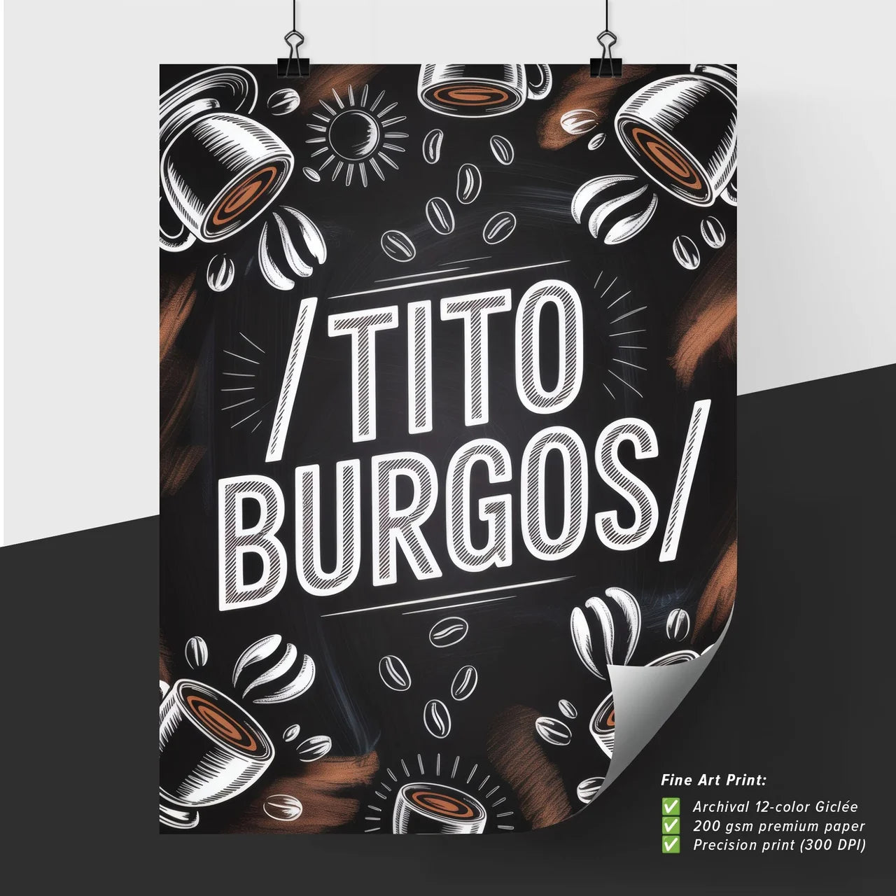 Artistic Coffee Shop Branding Featuring Stylish Cup Illustrations and Handwritten Typography for Tito Burgos.