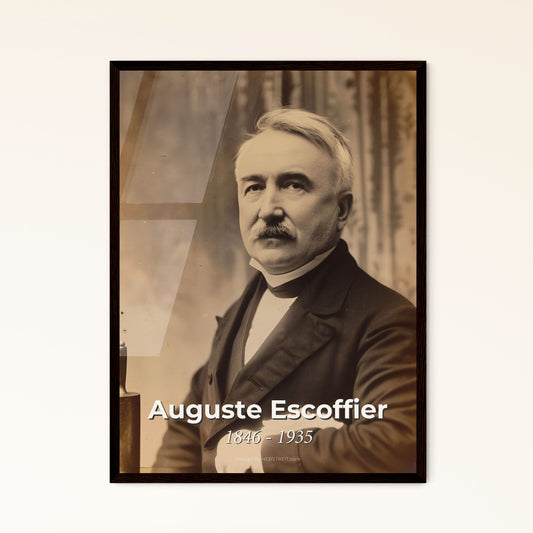 Elegant Tribute to Auguste Escoffier: Iconic Chef Portrait in Monochrome with Rustic Charm - Perfect for Home Decor or Gifting