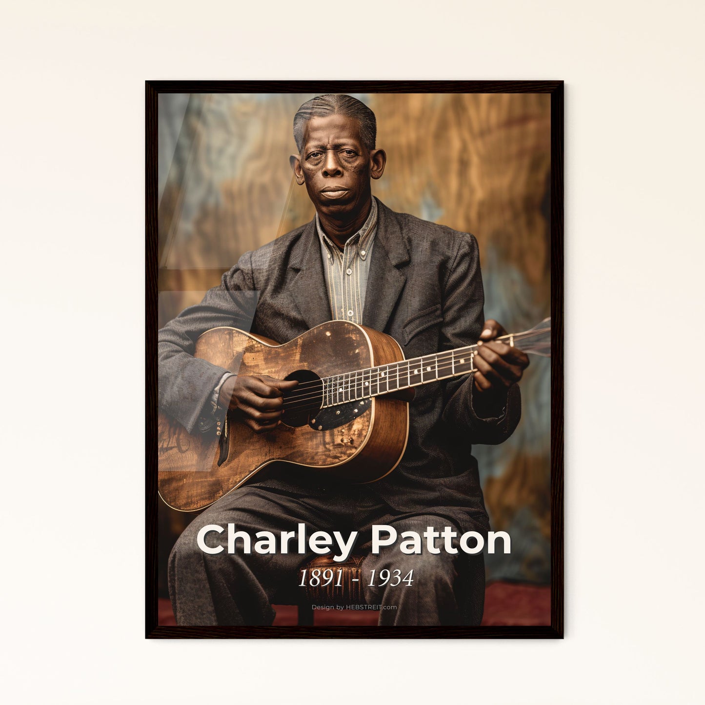 Charley Patton: The Father of Delta Blues – Iconic Portrait in Ultra-Realistic Monochrome with Rustic Charm for Your Decor.
