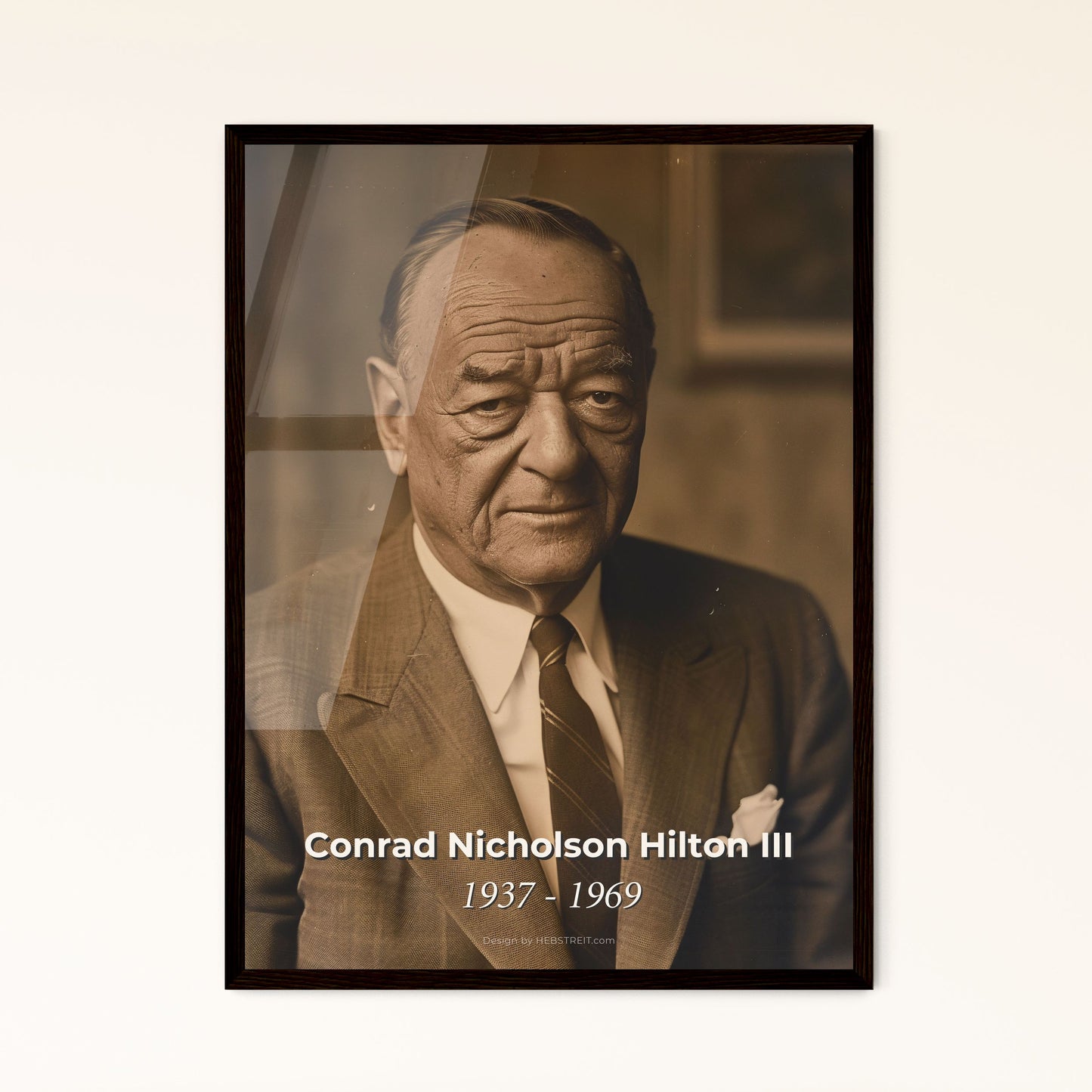 Conrad Hilton III: A Legacy of Hospitality - Elegant Monochromatic Portrait on Rustic Backdrop, Perfect for Timeless Décor