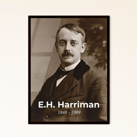 E.H. Harriman: Visionary Railroad Tycoon - Timeless Monochrome Portrait on Rustic Background, Perfect for Home Decor & Gifting.