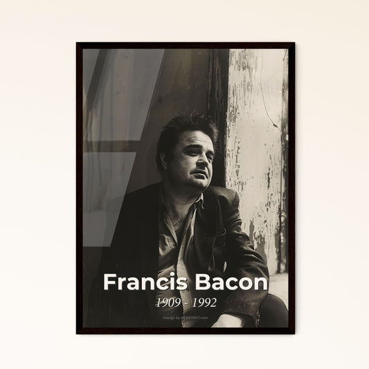 Captivating Portrait of Francis Bacon: Iconic British Painter's Raw Emotion on Rustic Background – Premium Print Options Available