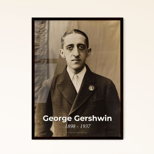 Timeless Elegance: George Gershwin Portrait – Iconic American Composer in Cinematic Sepia, Ideal for Home Decor Gift or Impactful Art.