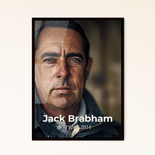 Jack Brabham: Iconic Australian Racing Legend - Triumphant Portrait in Cinematic Detail on Rustic Colorless Background