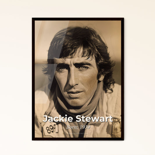 Jackie Stewart: Legendary Three-Time F1 Champion - Iconic Monochromatic Portrait with a Touch of Cinematic Elegance