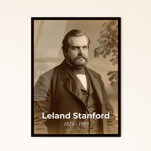 Exquisite Portrait of Leland Stanford: Iconic Industrialist & Railroad Pioneer – A Timeless Wall Art Statement in Monochrome Elegance