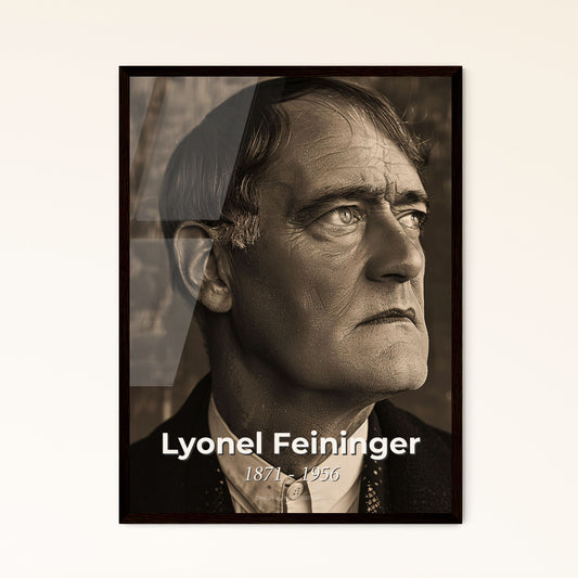 Captivating Portrait of Lyonel Feininger: A Masterful Blend of Bauhaus Influence & Cubism on Rustic Background - Premium Art Print