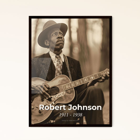 Timeless Portrait of Robert Johnson: Legendary Blues Icon, Virtuoso Guitarist - A Striking Monochrome Masterpiece for Your Space