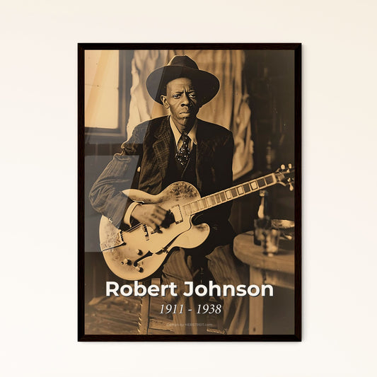 Timeless Elegance: Robert Johnson, Legendary Blues Guitarist - Monochromatic Portrait in Cinestill Style, Perfect for Home Decor