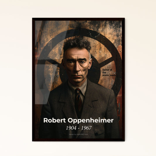 Iconic Portrait of J. Robert Oppenheimer: Father of the Atomic Bomb - Rustic Elegance in High-Contrast Monochrome Art Print