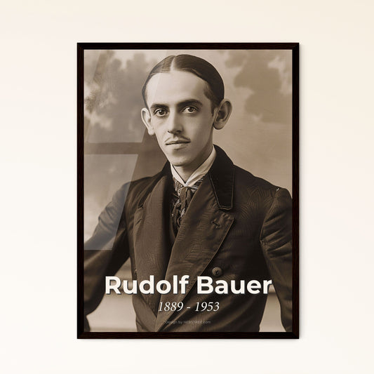 Timeless Elegance: Rudolf Bauer, 1889-1953 - Icon of Non-Objective Art, Framed Portrait in Sepia-Toned Minimalist Style