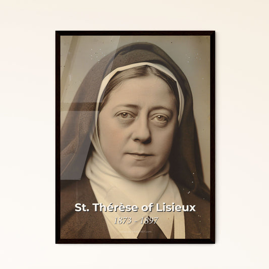 St. Thérèse of Lisieux: Inspiring Portrait on Rustic Background - High-Quality Print, Framed, or Aluminum - A Touch of Spiritual Elegance