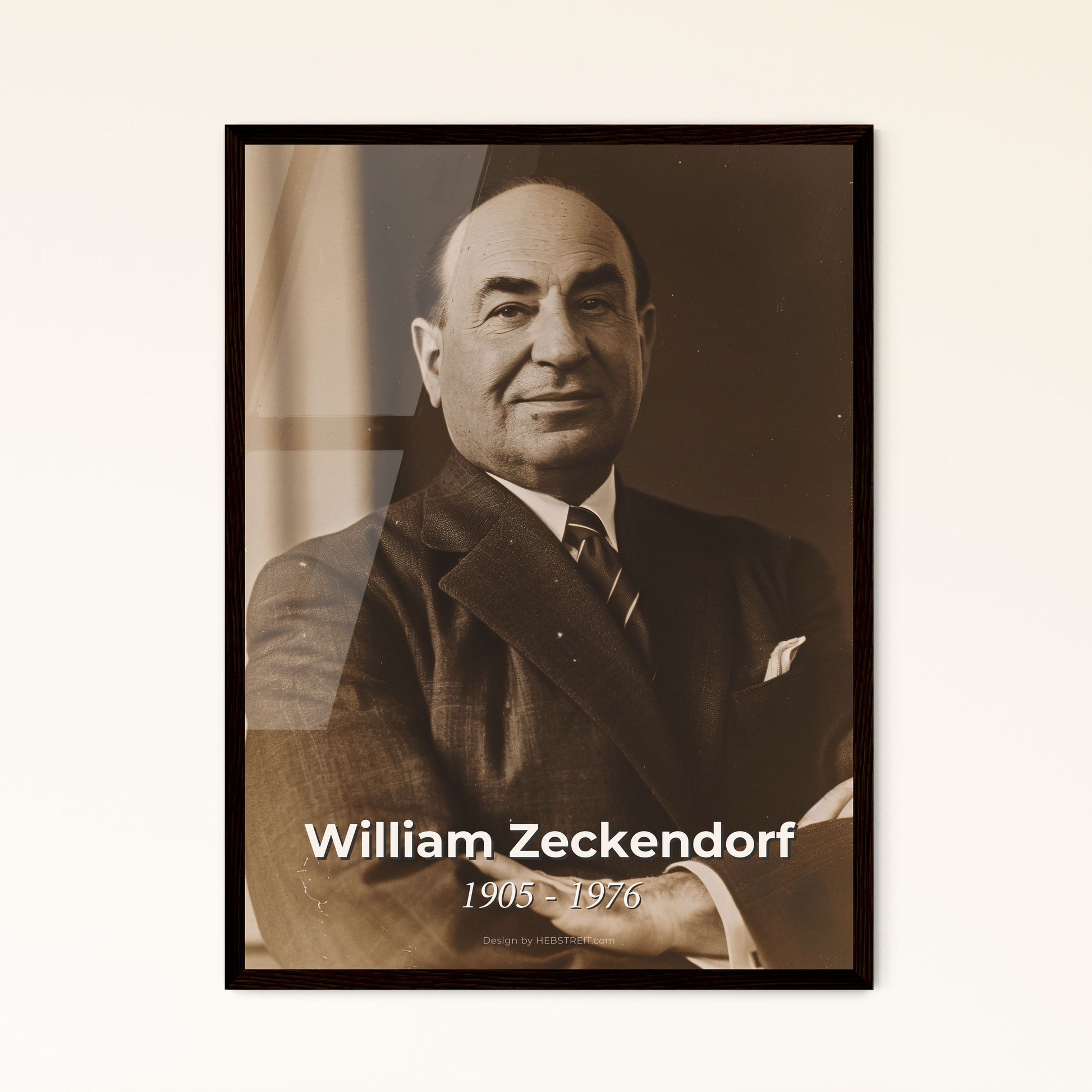 William Zeckendorf: Visionary Real Estate Pioneer in NYC - Iconic Portrait on Rustic Backdrop in High-Quality Sepia Art Print