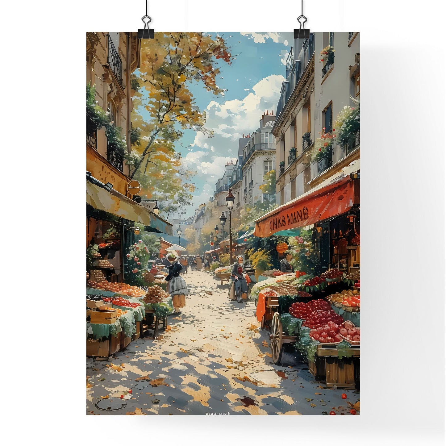 19th Century Paris Street Market Scene Depicting People and Market Stalls Selling Fruits and Vegetables with a Focus on Artistic Interpretation Default Title
