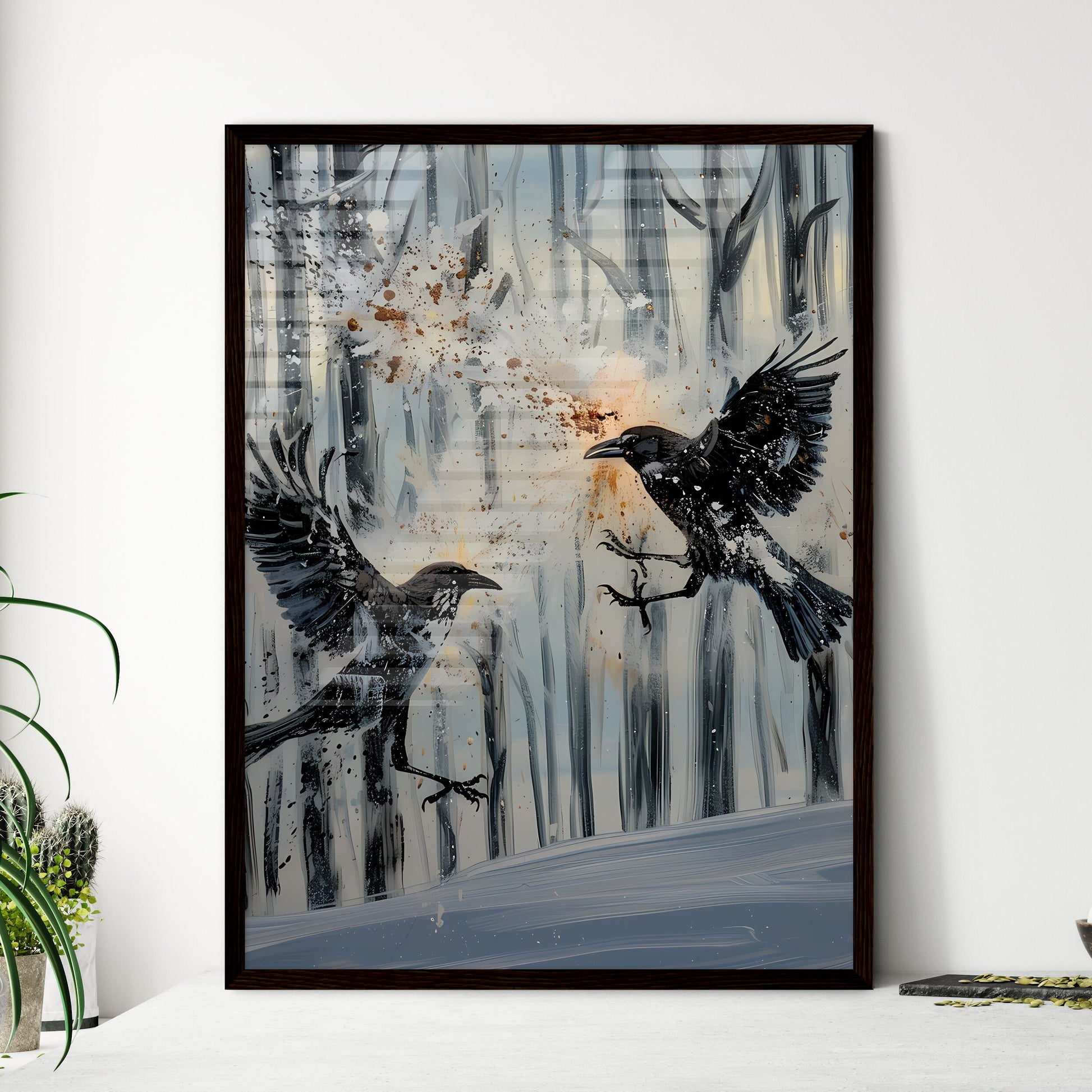 Colorful painting of 2 crows fighting in the snow, digital art, stock image, high resolution Default Title