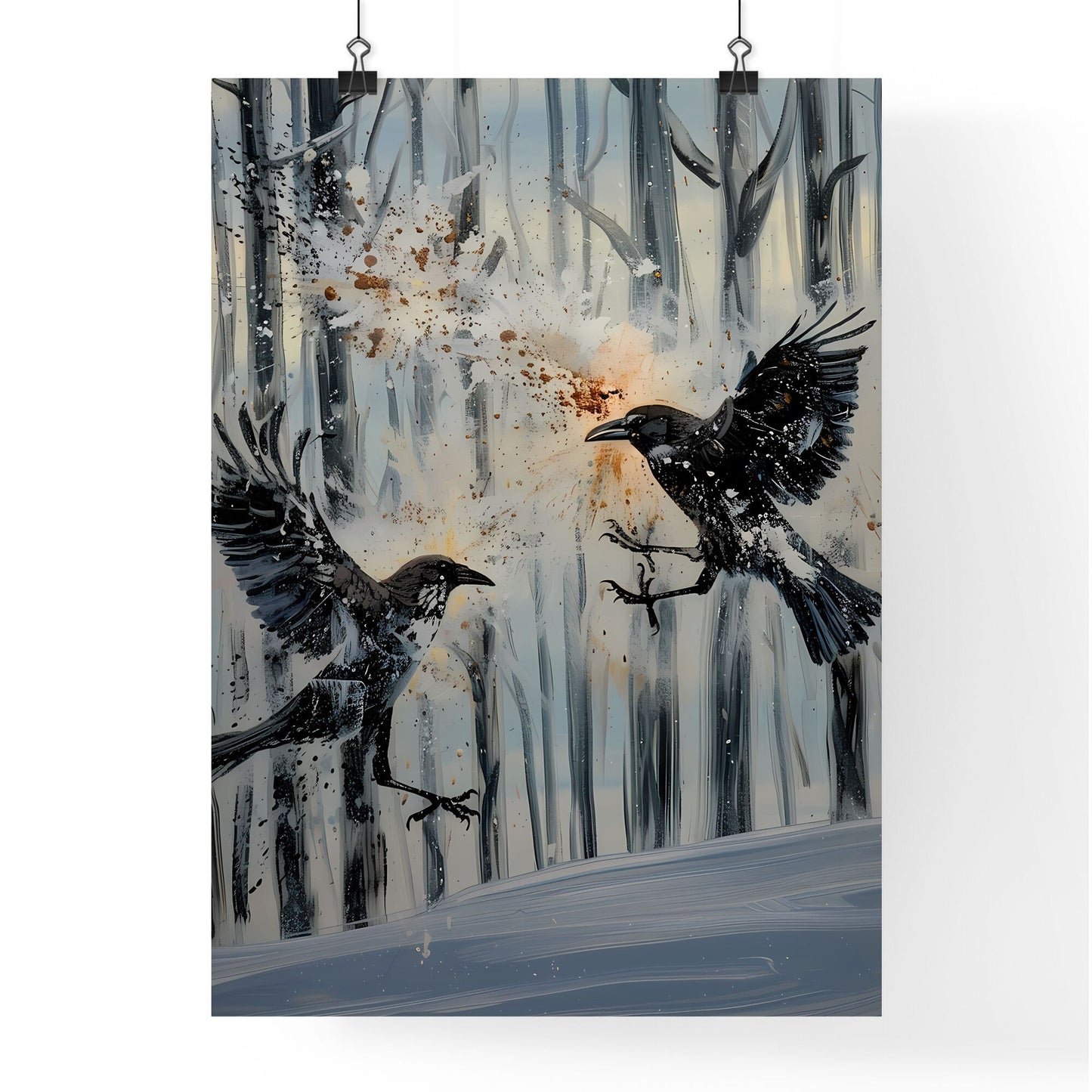 Colorful painting of 2 crows fighting in the snow, digital art, stock image, high resolution Default Title