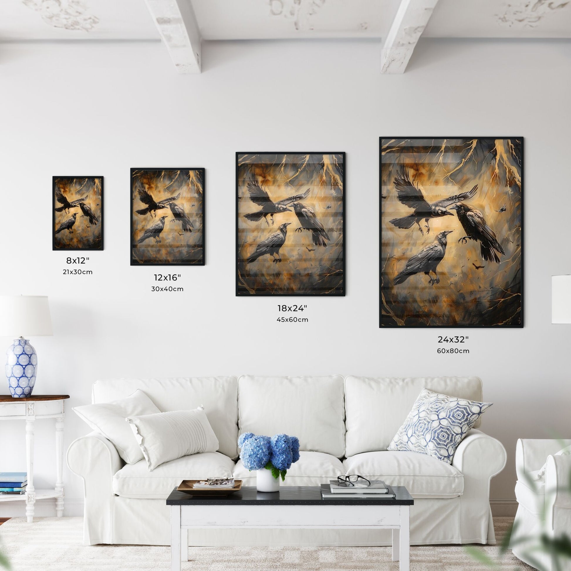 Artful Depiction of Birds in Flight: Vibrant Painting of Crows Battling Mid-Air Default Title