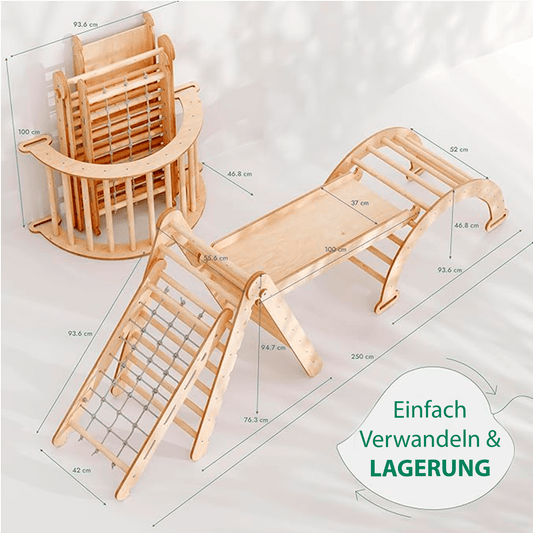 4in1 Montessori Klettergerüst Set: Kletterdreieck mit Rutsche, Kletterbogen, Kletternetz, für Kinder 1-7 Jahre – Beige