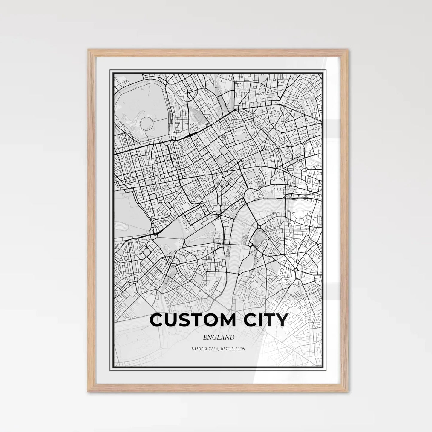 Minimal Custom Map Natural Wooden Framed
