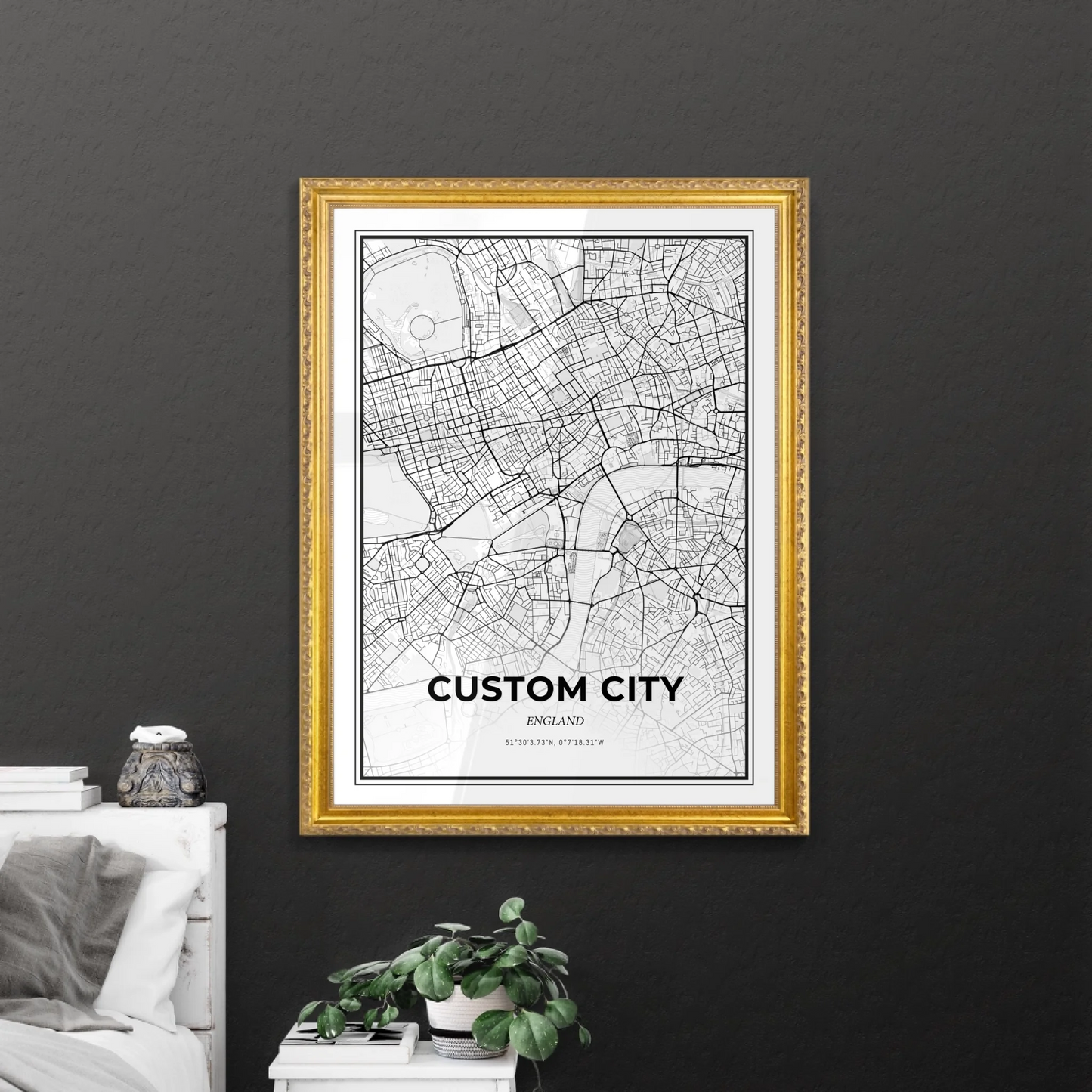 Scandinavian Map in Retro Golden Frame