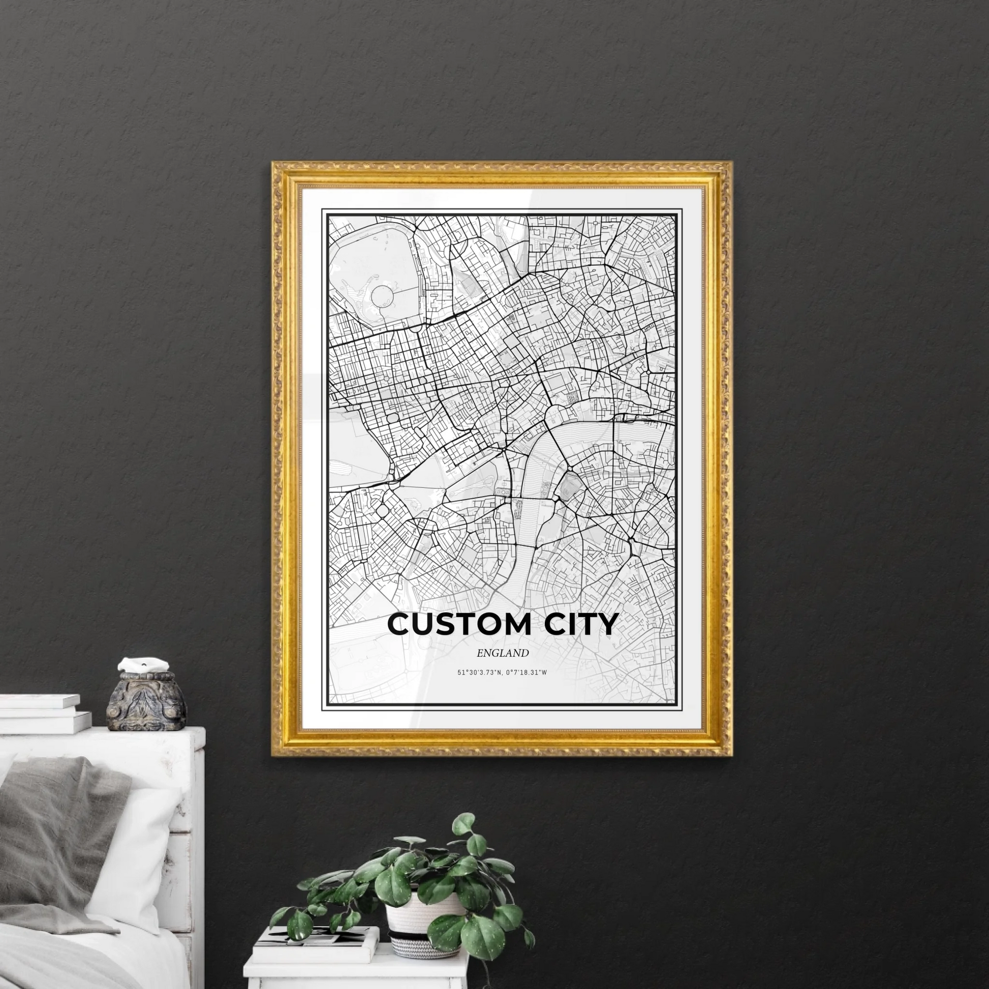 Scandinavian Map in Retro Golden Frame