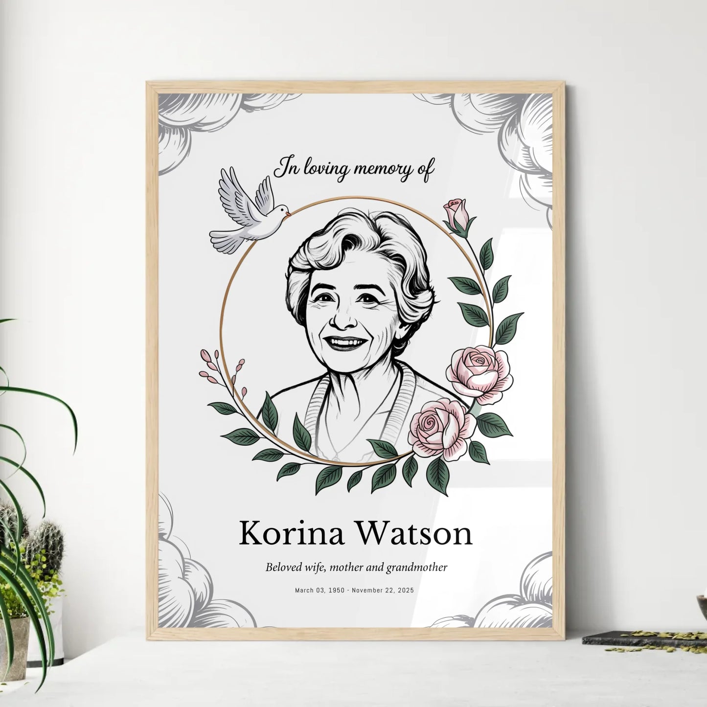 Custom Obituary Print Natural Wooden Framed