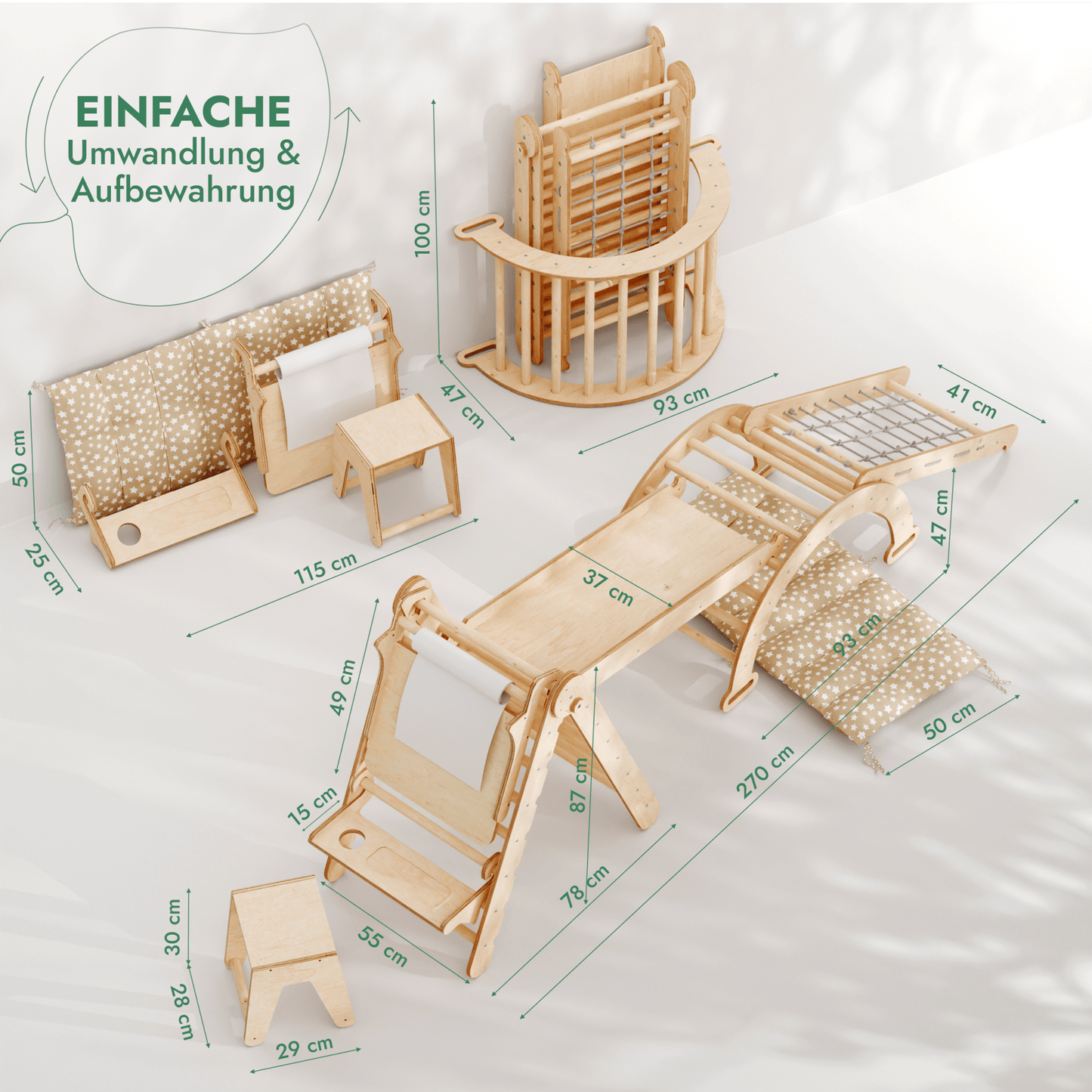 7in1 Montessori Klettergerüst Set: Kletterdreieck, Kletterbogen mit Kissen, Rutsche, Kletternetz, Maltafel und Kinderstuhl, für Kinder 1-7 Jahre – Beige