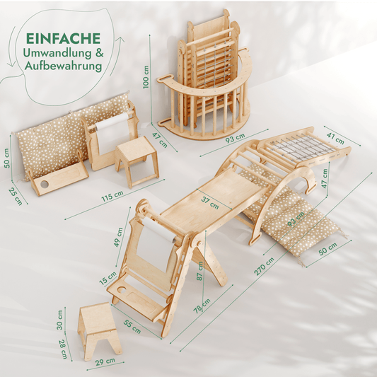 7in1 Montessori Klettergerüst Set: Kletterdreieck, Kletterbogen mit Kissen, Rutsche, Kletternetz, Maltafel und Kinderstuhl, für Kinder 1-7 Jahre – Beige
