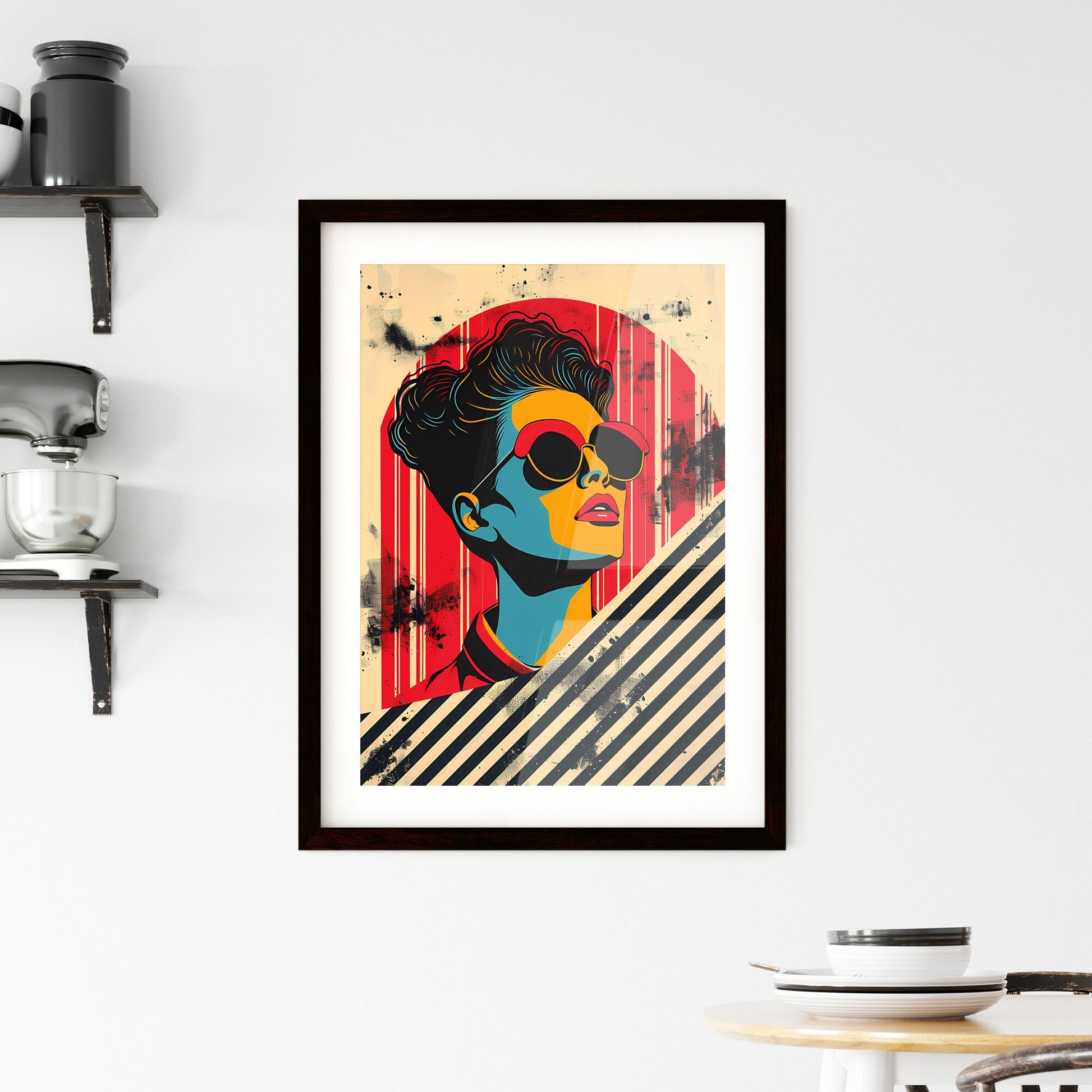 Pop Art Poster Depiction of a Vibrant 1980s Woman in Striped Sunglasses with an Op-Art Background Default Title