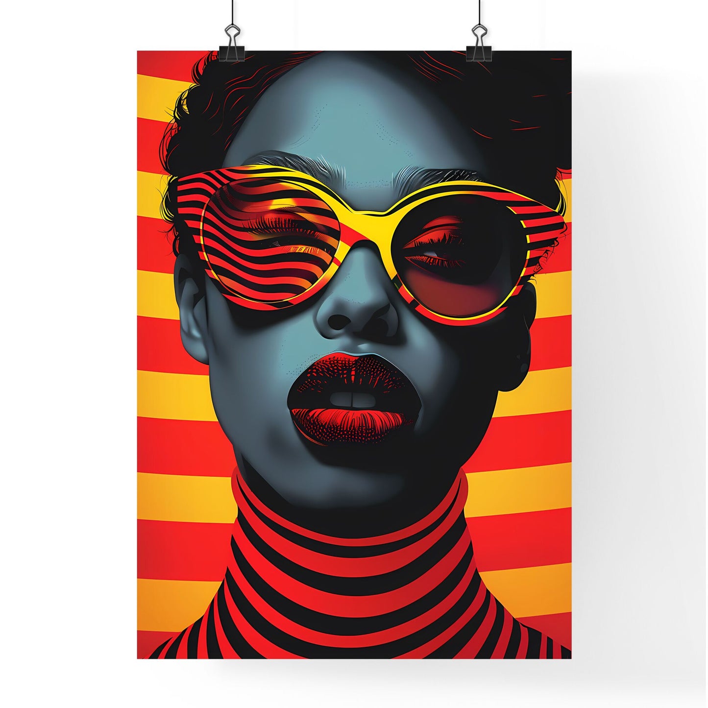 Op Art Retro Poster Vintage 80s Woman Sunglasses Stripy Yellow Red Shirt Art Default Title