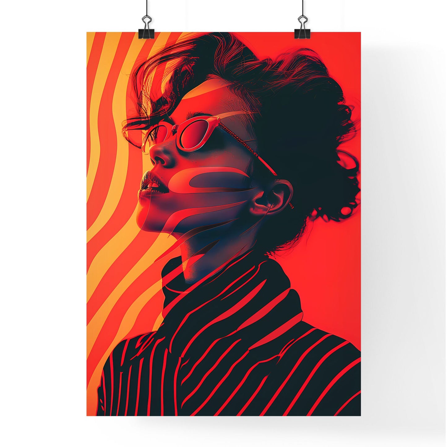 80s Op-Art Portrait: Vibrant Striped Woman with Sunglasses on Retro Painted Poster Default Title