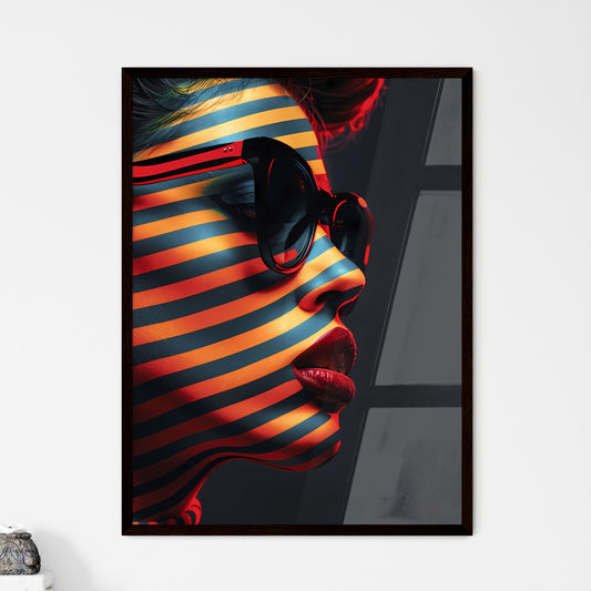 Op-Art Portrait Painting: Striking Woman with Red Lips and Vibrant Black and Orange Stripes Default Title