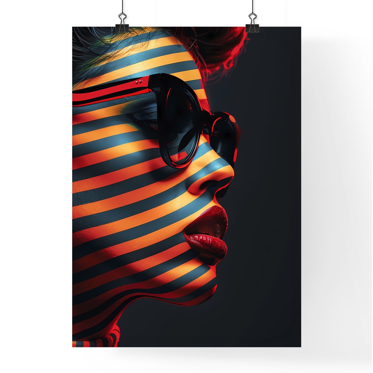 Op-Art Portrait Painting: Striking Woman with Red Lips and Vibrant Black and Orange Stripes Default Title