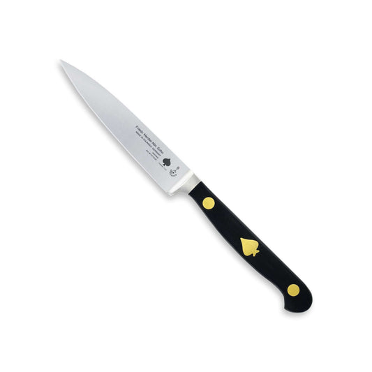 Forked Tip Paring Knife with black handle and gold accents on a white background