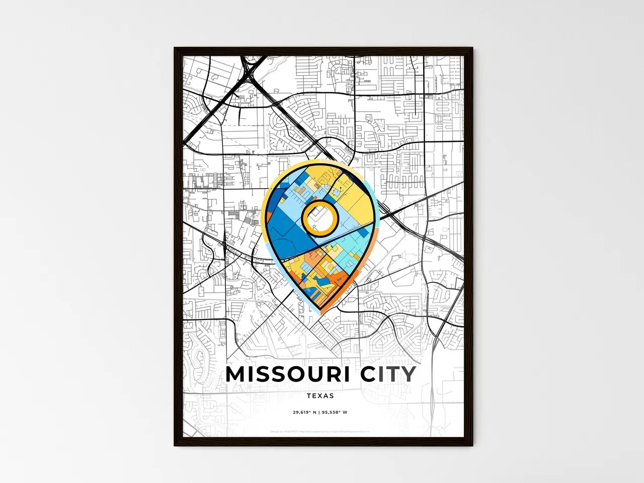 Missouri City Texas wedding art map with pointer icon