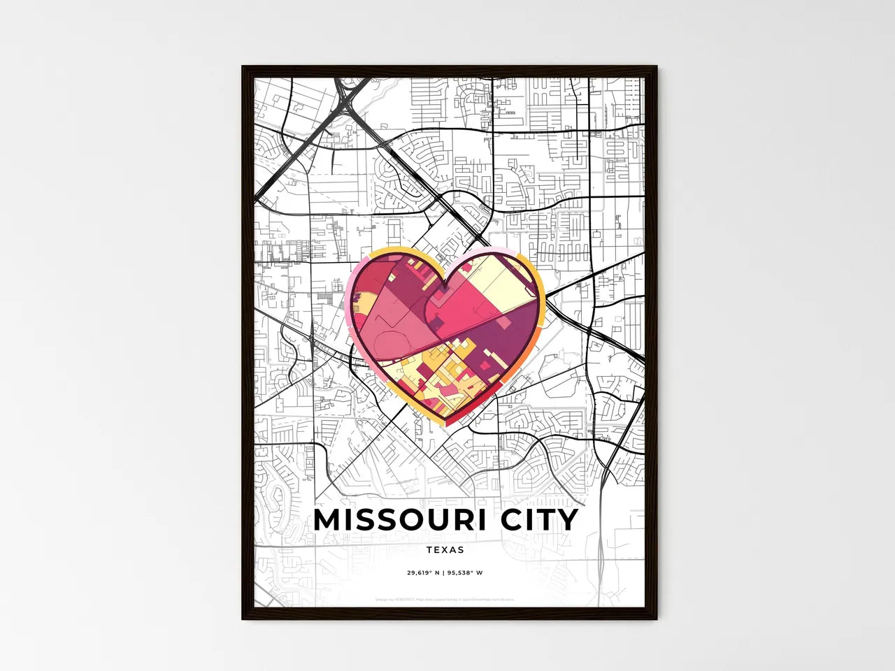 Missouri City Texas wedding art map with heart icon