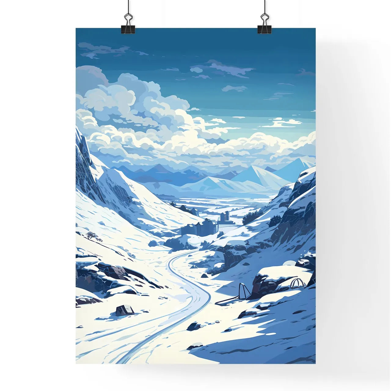 Snowy Mountain Landscape With A Road Art Pri Poster