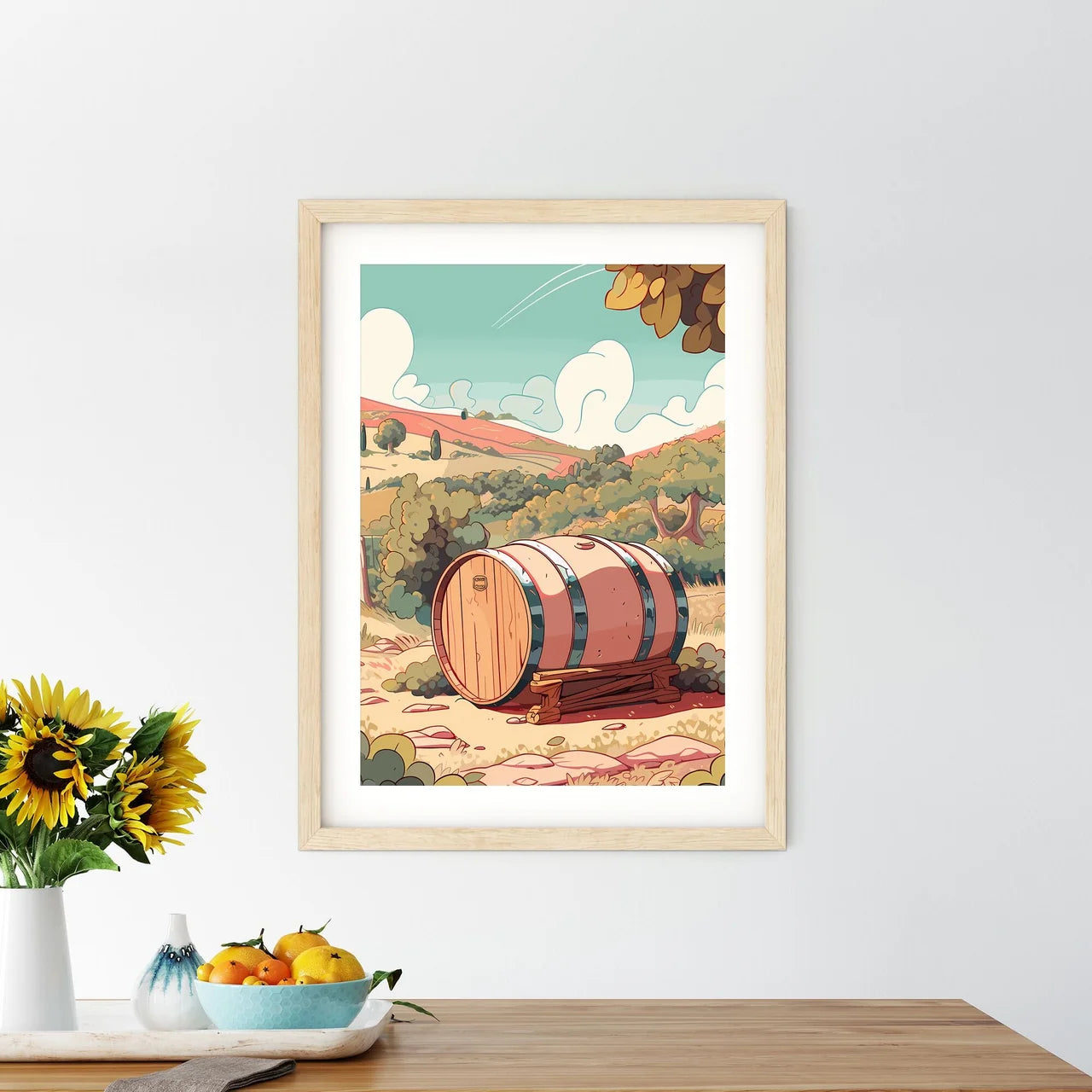 Barrel On A Wooden Stand In A Landscape Art  - Kitchen Hangings