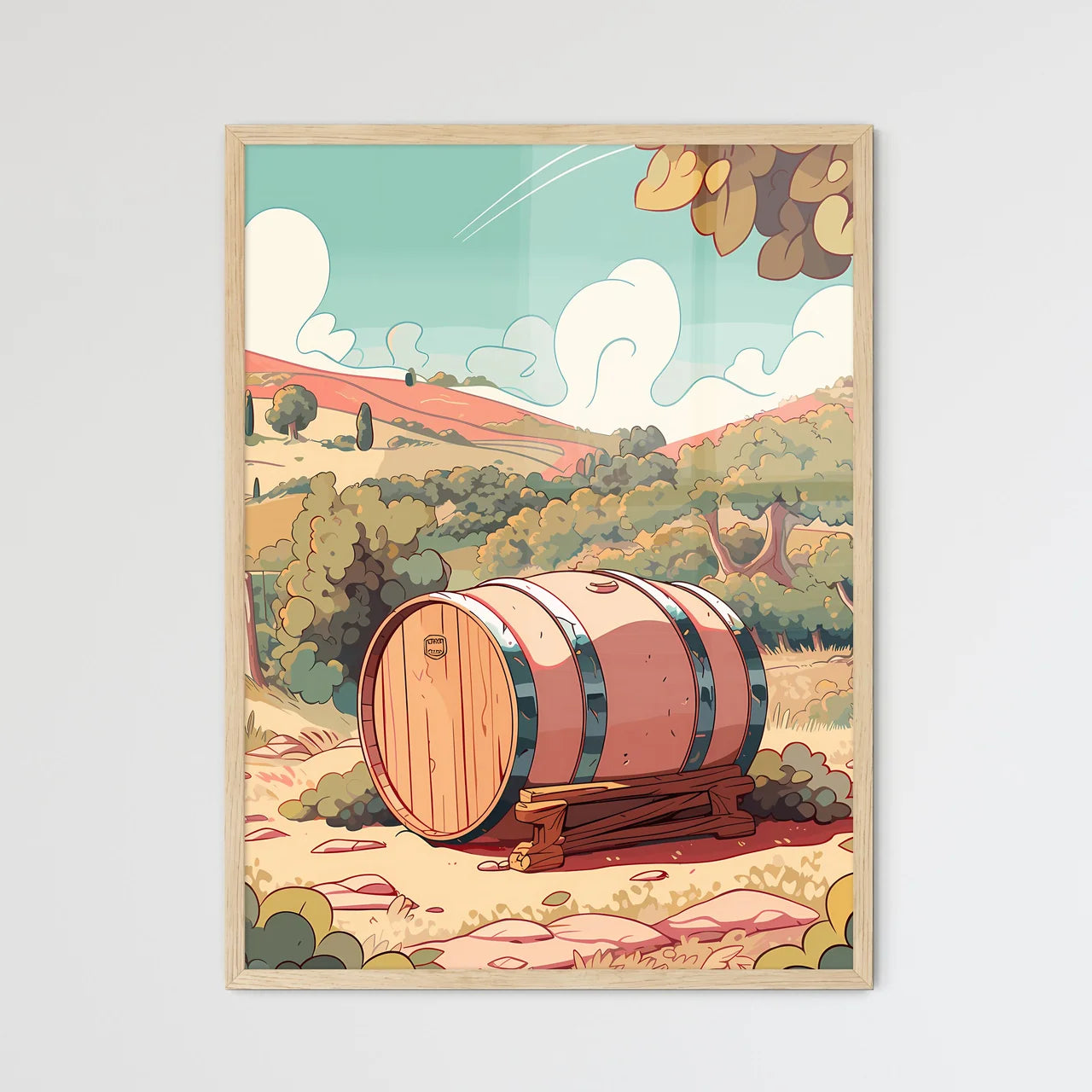 Barrel On A Wooden Stand In A Landscape Art  - Framed Art Print