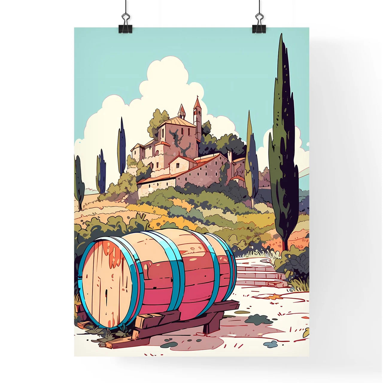 Barrel On A Bench In Front Of A Building Art Poster