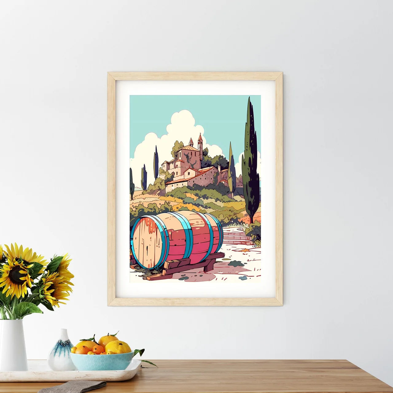 Barrel On A Bench In Front Of A Building Art - Kitchen Hangings