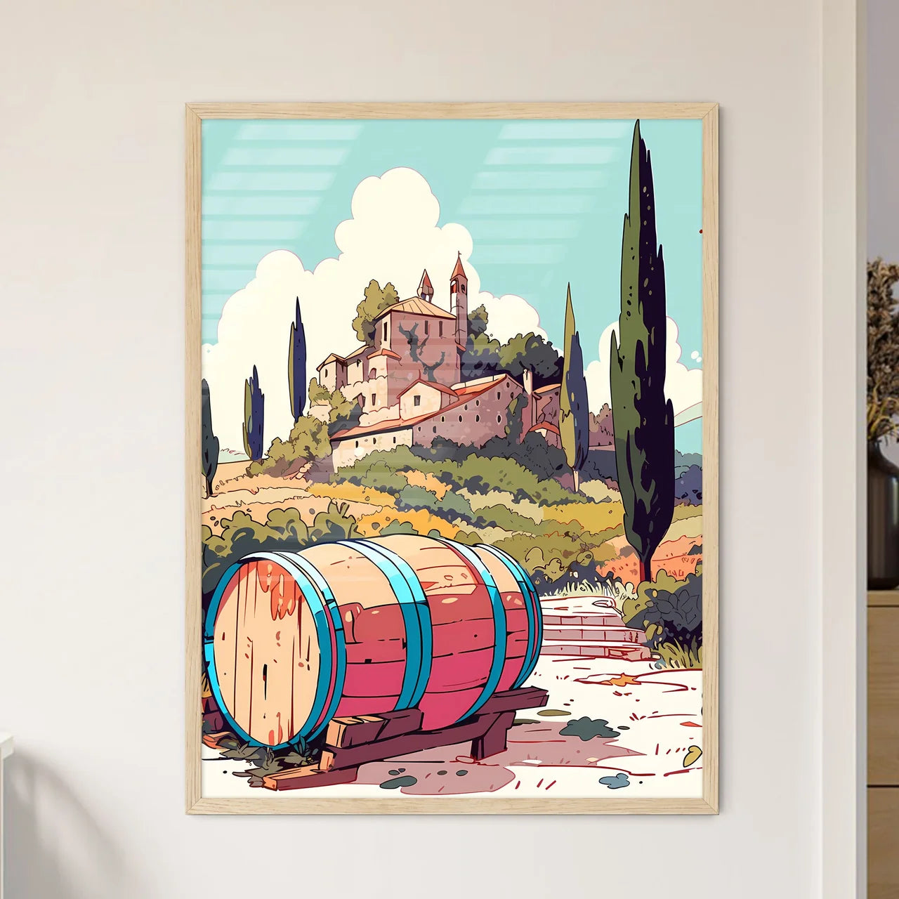 Barrel On A Bench In Front Of A Building Art - Framed Art Print