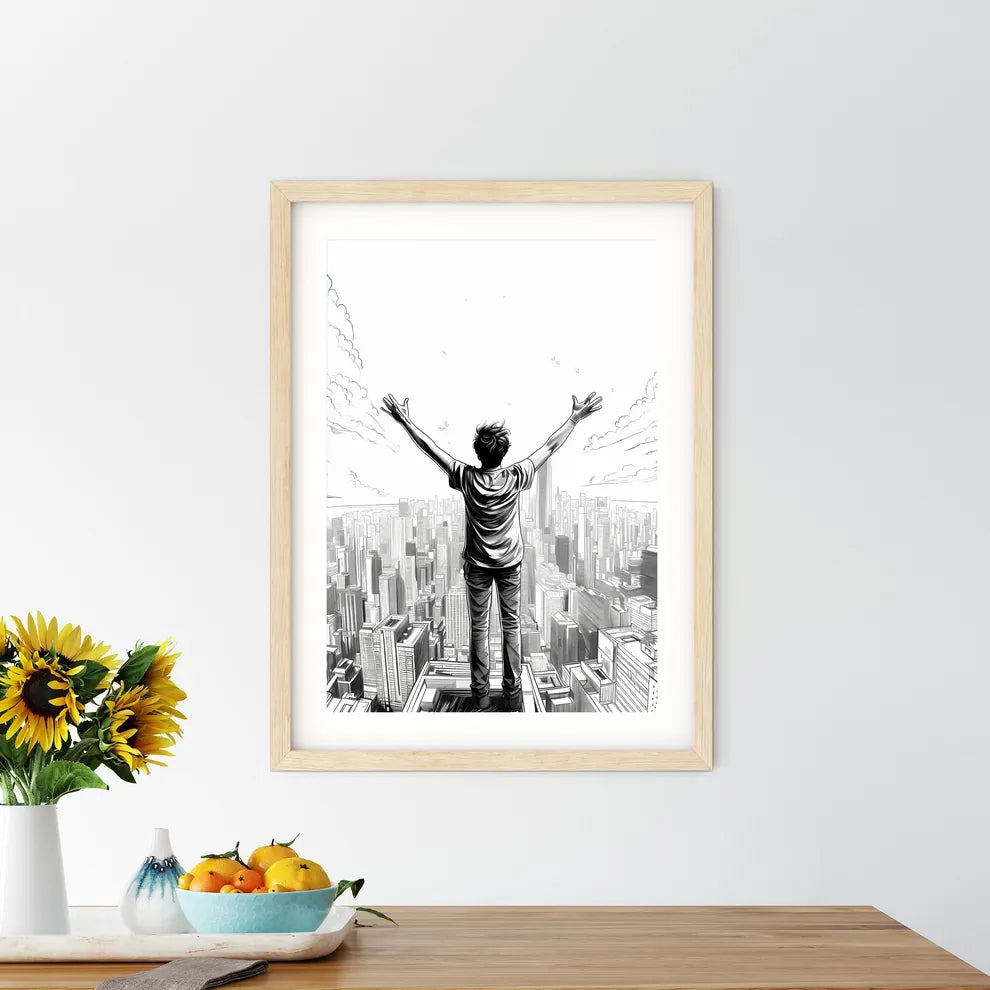 Man Standing On A Building With His Arms Up Art Print Size Chart