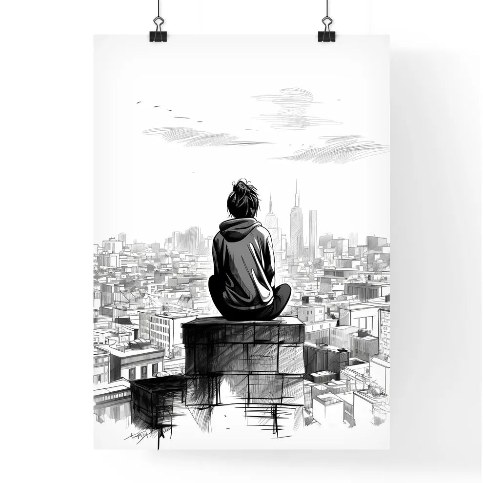 Person Sitting On A Roof Looking At A City Art Print Poster