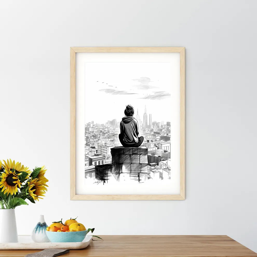 Person Sitting On A Roof Looking At A City Art Print Size Chart