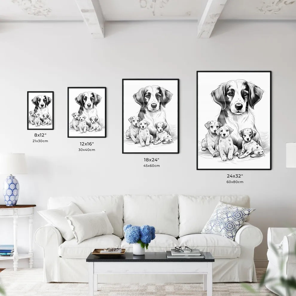 Dog And Puppies Sitting Toget Art Print