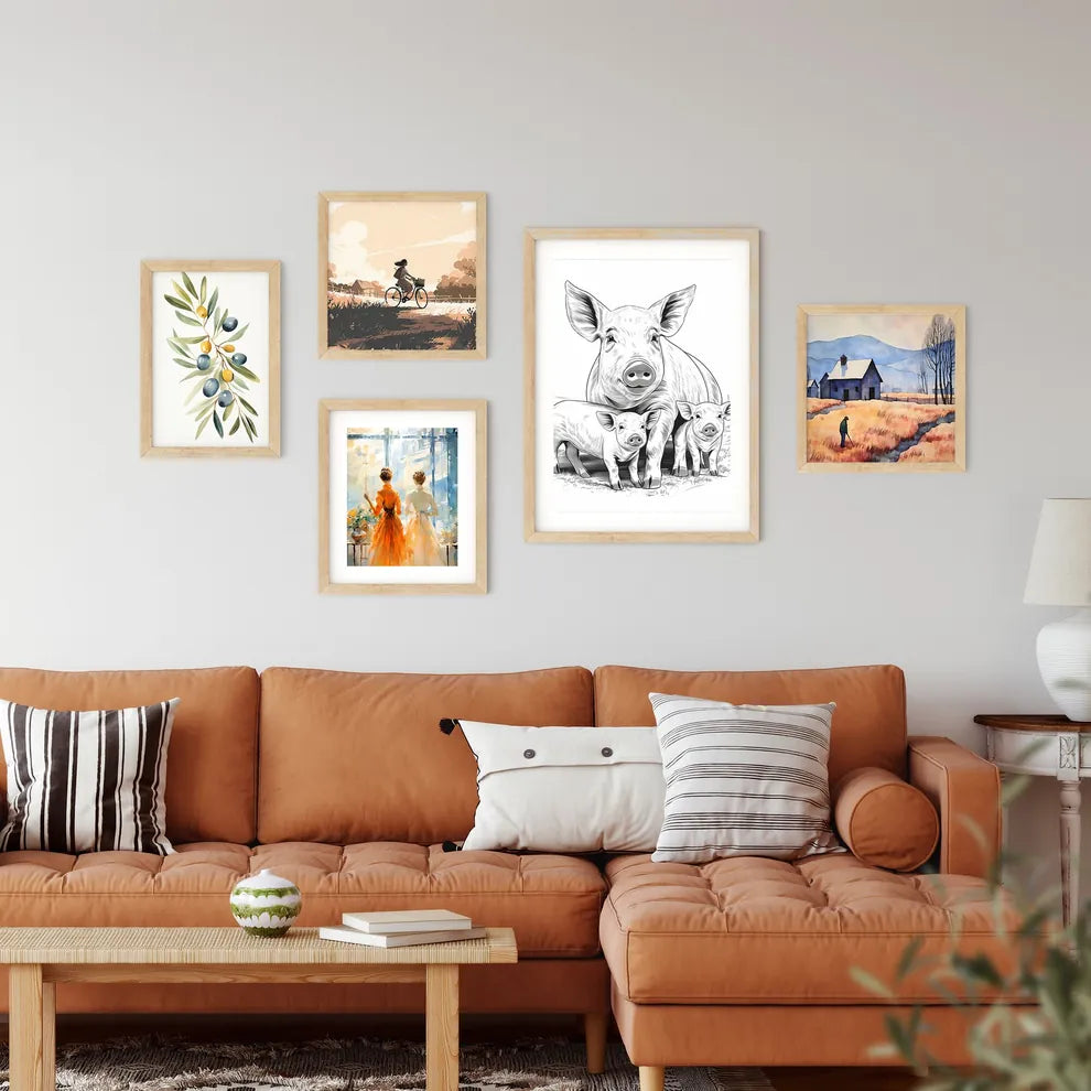 Pig And Piglets Standing Toge Framed Print